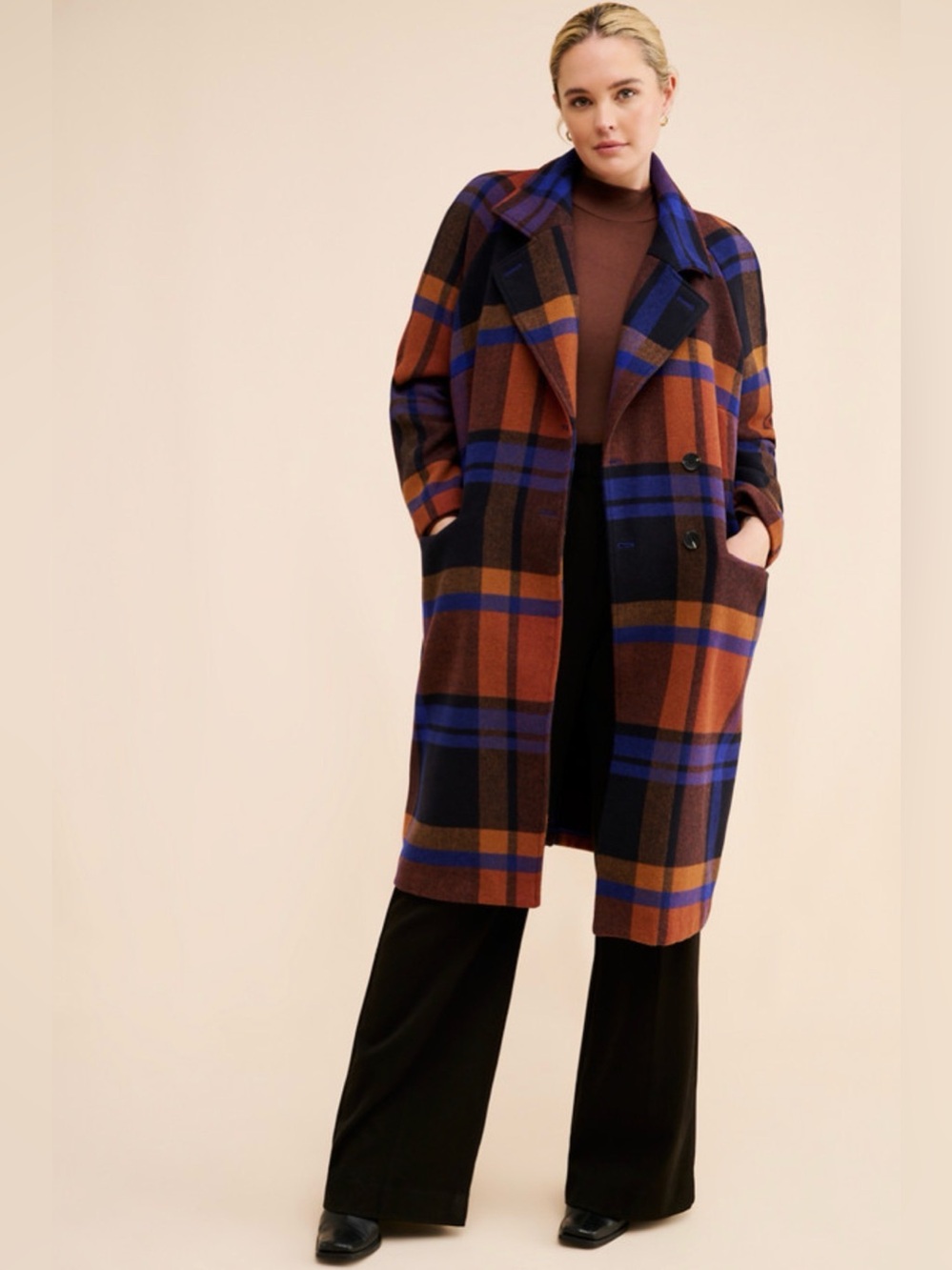 Avec Les Filles Relaxed-Fit Plaid Top Coat in Brown, Blue & Black Large